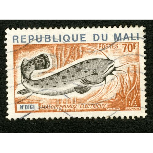 Timbre Oblitéré République Du Mali, Postes, 70 F, Malopterurus Electricus, N'digi, Haley, Coumare