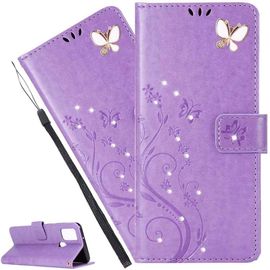 Coque Galaxy S22,Etui Housse Pour Samsung Galaxy S22 Coque Gaufrage Paillette Diamant Papillon Fleur Pu Cuir Flip Wallet Couverture Pour Samsung Galaxy S22,Gh L Purple