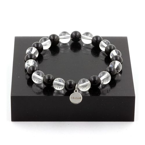 Bracelet Perles Obsidienne Noire + Quartz 8 Mm. Fabriqué En France.