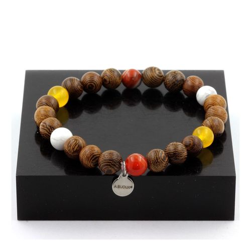 Bracelet Perles Agate Rubanée + Agate Jaune + Howlite + Bois 8 Mm. Fabriqué En France.