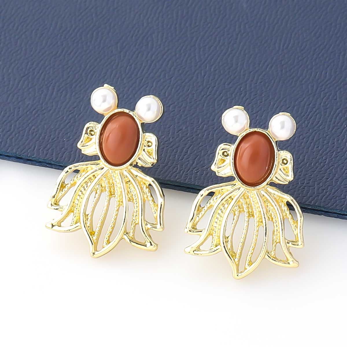 Boucles D'oreilles En Métal, Imitation Perle, Poisson Rouge, Accessoires De Fête