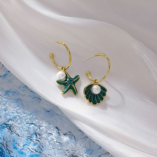 2021 Nouveauté En Métal Géométrique À La Mode Asymétrique Bleu Étoile De Mer Coquille Perle Dangle Boucles D'oreilles Pour Femmes Mode Bijoux Fête