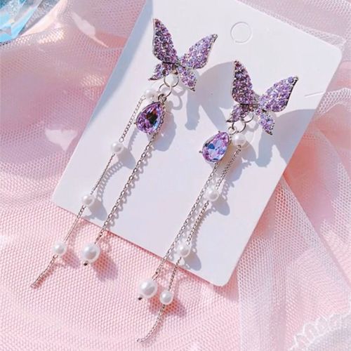 Boucles D'oreilles Papillon Vintage En Cristal Violet Pour Femmes, Longues Pampilles, Mode Coréenne, Bijoux De Fête, Cadeaux, 2020