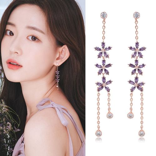 Boucles D'oreilles Vintage Avec Strass Violet Pour Femmes, Longues Et Florales, Bijoux De Fête Élégants, Cadeaux, Nouvelle Collection