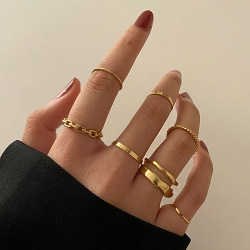 Ensemble De 7 Bagues En Métal Doré Pour Femmes, Accessoires De Bijouterie Populaires, Rétro Et Créatif, Nouvelle Collection 2021
