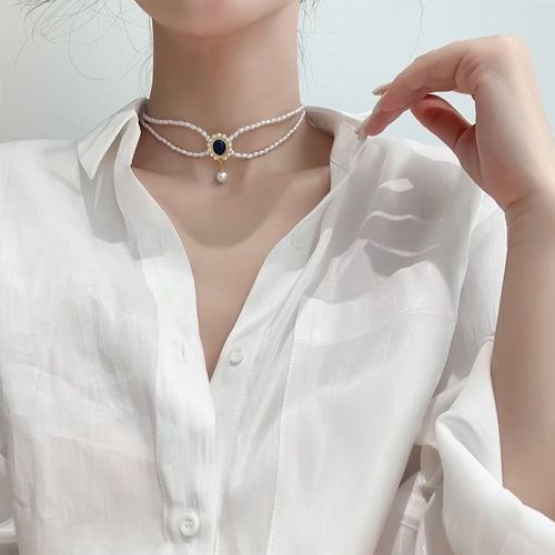 Collier Double Couche Imitation Perle Ovale Bleu, Accessoires De Fête Populaires Pour Femmes