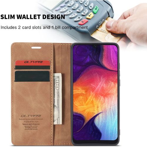 Etui Coque Pour Samsung Galaxy A50, Portefeuille Fentes Cartes Housse Antichoc Cuir Pu Vintage Portefeuille Etui Compatible Avec Samsung Galaxy A50 - Marron