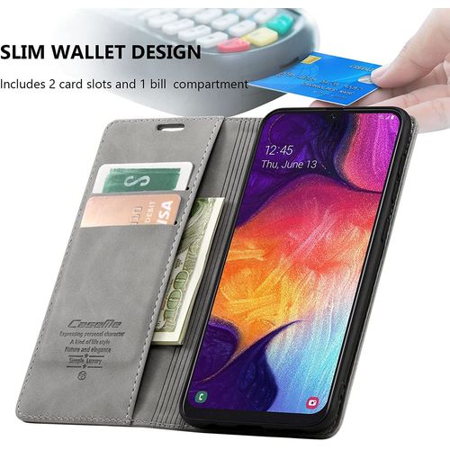 Etui Coque Pour Samsung Galaxy A50, Portefeuille Fentes Cartes Housse Antichoc Cuir Pu Vintage Portefeuille Etui Compatible Avec Samsung Galaxy A50 - Gris
