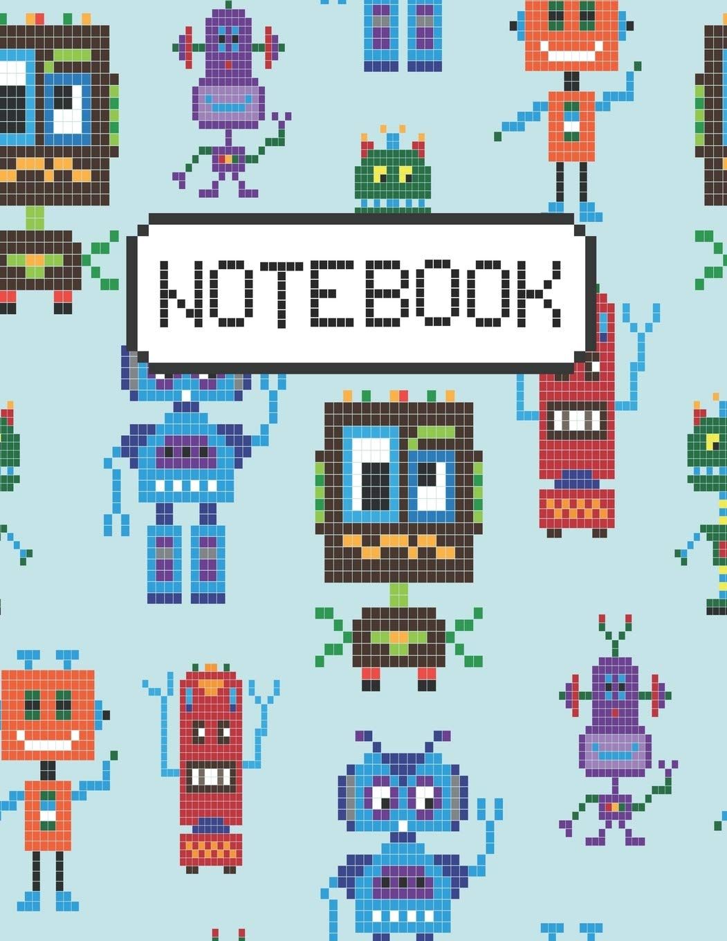 Notebook: Designed With Comic Pixel Art 8 Bit Robots On Blue Background Suitable For Creating Notes & Journal And Gift Idea For Women/ Men/Teens/ Kids/Boys/Students/Coworker/Girls/School/College (Size