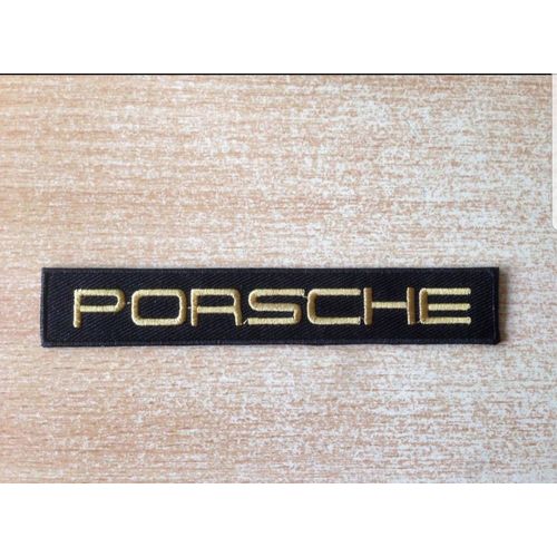 Écusson Porsche Or  Sur Noir 12x2 Cm Thermocollant, Pas Besoin De Couture 
