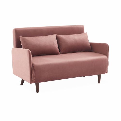 Canapé Convertible En Velours - Panam - 2 Places Scandinave Pieds Bois Foncé Vieux Rose