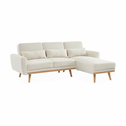 Canapé D'angle Convertible Réversible 3 Places. Tissu Bouclettes Blanches. Pieds Bois