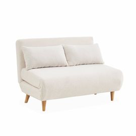Canapé Convertible En Tissu Bouclettes Blanches Guesta 2 Places Scandinave Pieds Bois Foncé