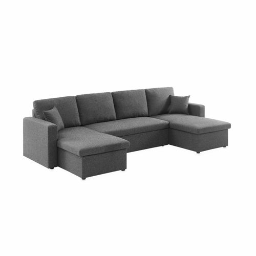 Canapé Panoramique Convertible En Tissu Gris Foncé. 4 Places. Coffre Rangement. Lit Modulable