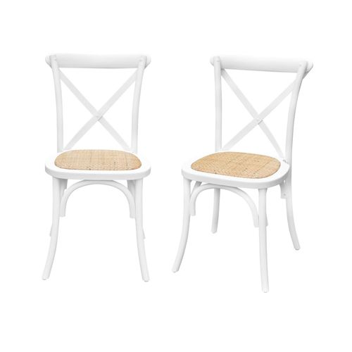 Lot De 2 Chaises De Bistrot En Bois D'hévéa Blanc Vintage Assise En Rotin Empilables