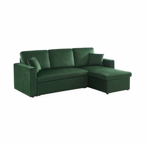 Canapé D'angle Convertible En Velours Vert Anglais 3 Places. Fauteuil D'angle Réversible Coffre