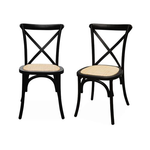 Lot De 2 Chaises De Bistrot En Bois D'hevea Noir Vintage Assise En Rotin Empilables
