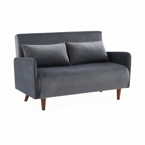 Canapé Convertible En Velours - Panam - 2 Places Scandinave Pieds Bois Foncé Gris Foncé