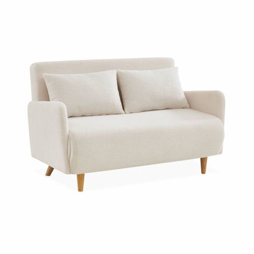 Canapé Convertible 2 Places Scandinave - Panam - Pieds Bois. Bouclettes Blanches. Banquette