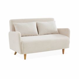 Canapé Convertible 2 Places Scandinave - Panam - Pieds Bois. Bouclettes Blanches. Banquette
