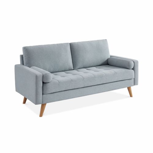 Canapé En Tissu Gris Clair. 3 Places Scandinave Fixe. Droit. Pieds Bois.