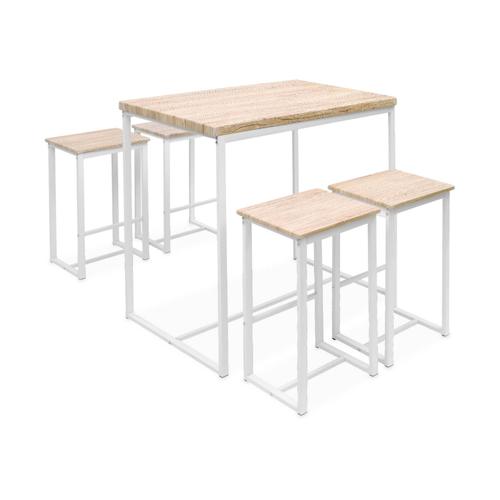 Set Table Haute Rectangulaire Loft Avec 4 Tabourets De Bar Acier Et Décor Bois Encastrable