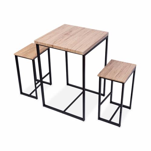Set Table Haute Carré Loft Avec 2 Tabourets De Bar Acier Et Décor Bois Encastrable Design