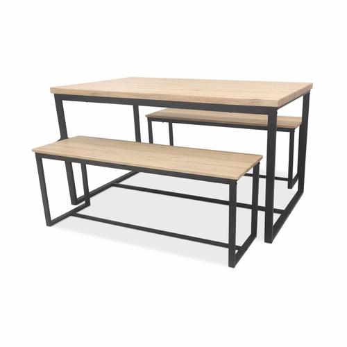 Set Loft Table Rectangulaire En Acier Noir L140x L80 X H75cm 2 Bancs De L120x L35x H46cm 4 Places