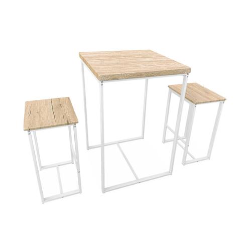 Set Table Haute Carré Loft Avec 2 Tabourets De Bar Acier Et Décor Bois Encastrable Design