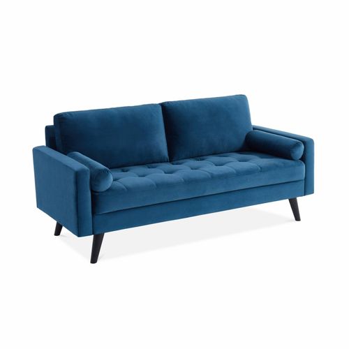 Canapé En Velours Bleu Pétrole 3 Places Scandinave Fixe Droit Pieds Bois Noir