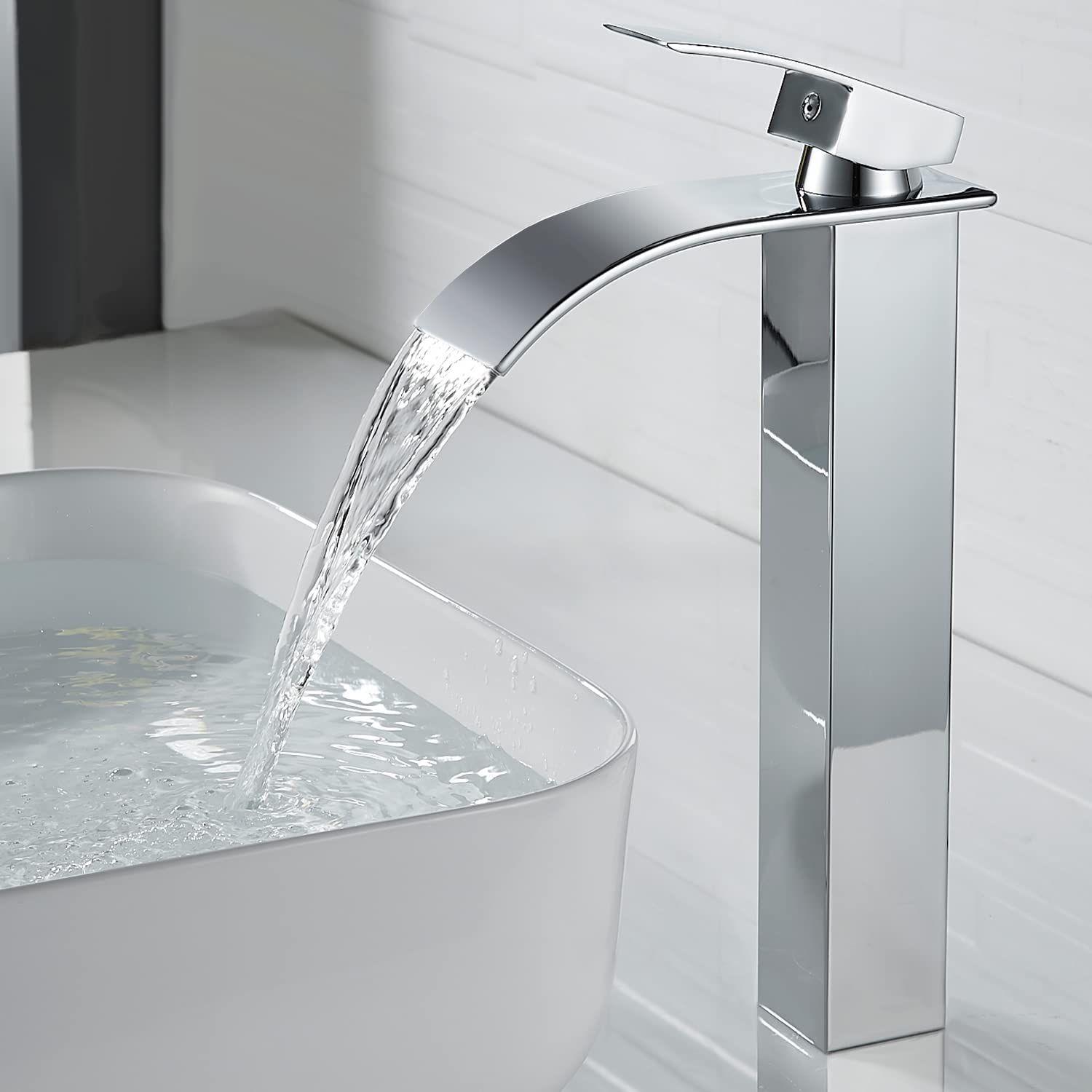 Robinet cascade à poignée unique pour lavabo de salle de bain, forme  incurvée, design élégant, robinet mitigeur de lavabo à trou unique (argenté)