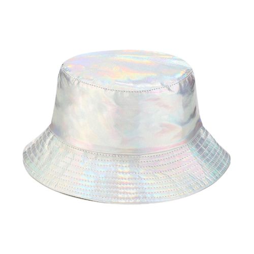 Farfi Unisex Bucket Hat Waterproof Holographic Adjustable Sun Protection Faux Leather Flat Top Fishe