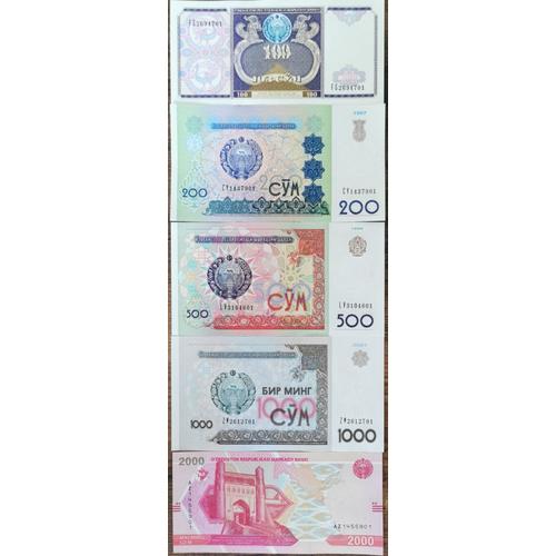 Lot 5 Billets Ouzbekistan De 100 À 2000 Som - 1994 À 2021 - Neuf Unc