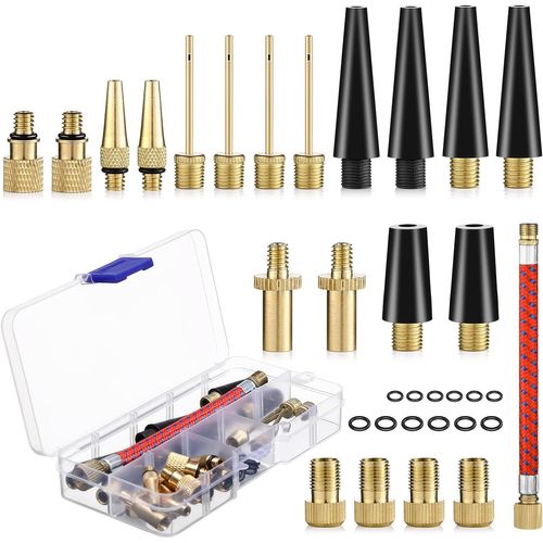 Embout Pompe Velo, 33 Pièces Embout Gonfleur Ballon, Dv Sv Av Adaptateur Pompe Velo Avec Boîte De Rangement,Adaptateur De Valve Avec Tuyau De Gonflage, Pour Vélo, Pompe À Vélo Et Compresseurs Pompes