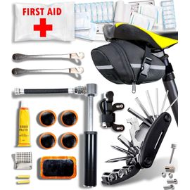 Kit Réparation Vélo + Trousse Premiers Secours : Sacoche De Selle + Pompe + Outil Multifonction + Rustine Accessoire Démonte Pneu Crevaison Electrique Pedale Chambre Air Reparation Vtt