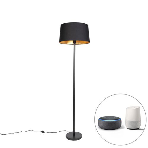 Qazqa Moderne Smart Vloerlamp Zwart Met Zwarte Kap 45 Cm Incl. Wifi A60 - Simplo Acier /Tissu Noir Oblongue /Rond / Luminaire / Lumiere / ÃClairage / Intã©Rieur / Salon E27 Max. 1 X 7 Watt