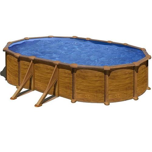 Piscine ovale acier 5,27m x 3,27m x H: 1,32m - Imitation bois - Filtration à sable - Renforts apparents