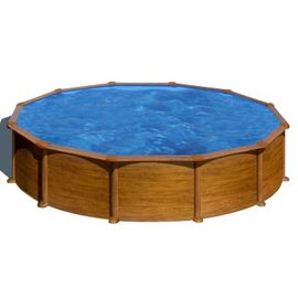 Piscine ronde acier Ø5,70m x H: 1,32m - Imitation bois - Filtration à sable