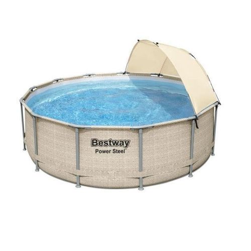 Piscine tubulaire ronde power steel Ø 3.96 x h.1.07 m + auvent - rotin beige