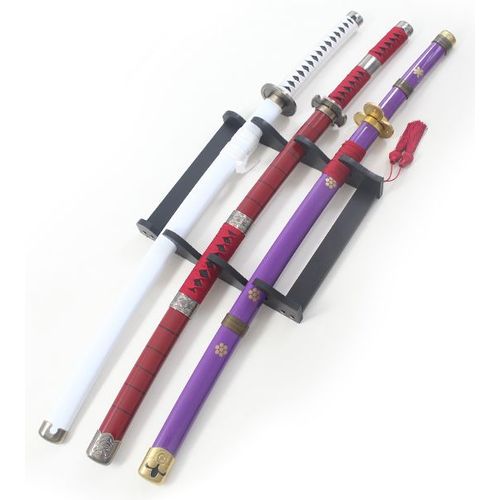 Lot 3 Katanas Bois Zoro Epee One Piece Replique Sabre + Presentoir en Bois Repliksword