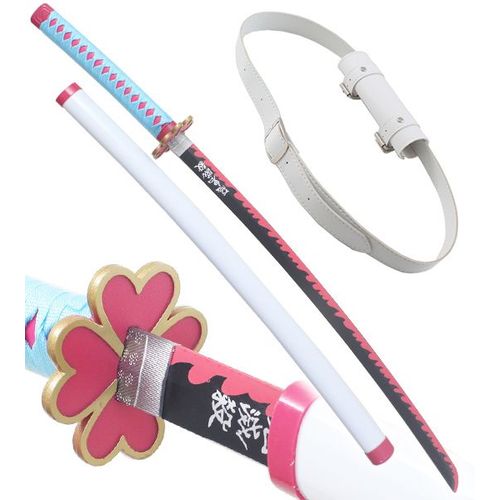 Demon Slayer Katana en Bois Lame en Bois Mitsuri Kanroji Epee en Bois Kimetsu No Yaiba Sabre + Ceinturon Blanc Porte Epee Ceinture Repliksword