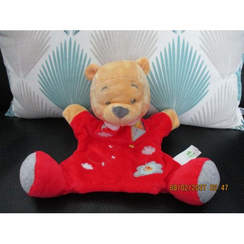 Doudou Marionnette Ours Winnie L'ourson Rouge Disney Baby