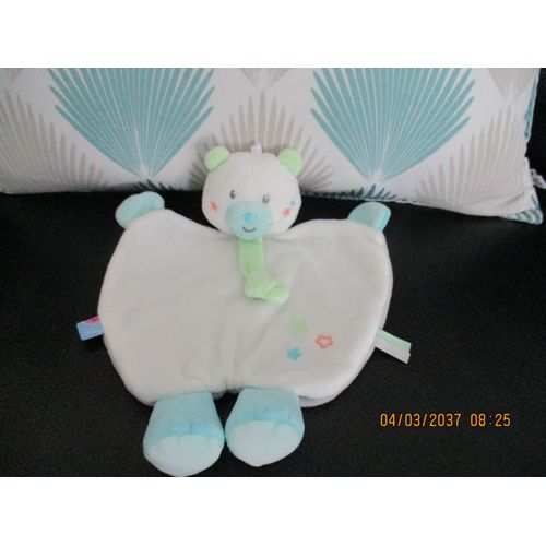 Doudou Plat Ours Blanc Et Bleu Imprimé Étoiles Sucre D'orge