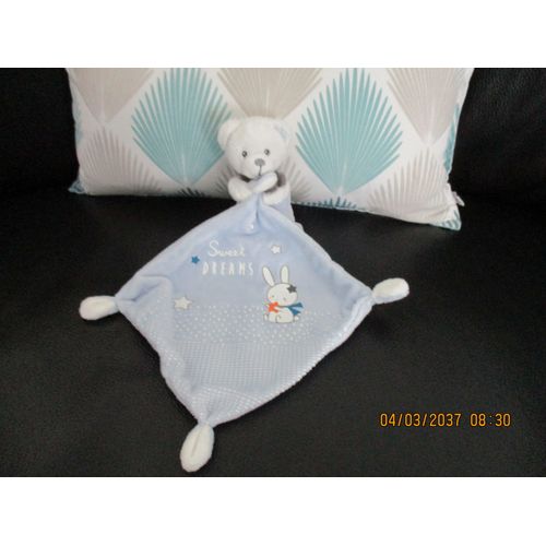 Doudou Ours Bleu Et Blanc Avec Mouchoir Imprimé Sweet Dreams Et Son Lapin Luminescent/Phosphorescent Mots D'enfants Siplec