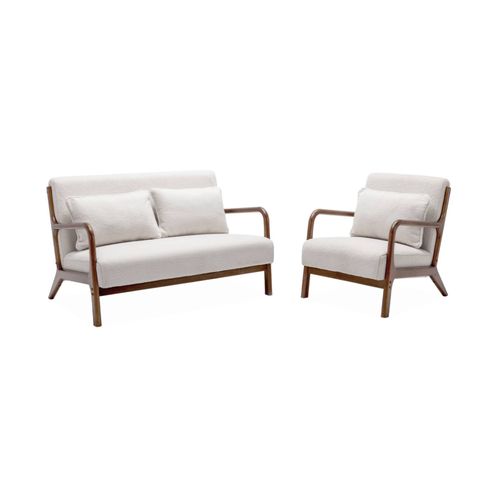 Banquette 2 Places + Fauteuil Bouclette En Bois D'hévéa Teinté Noyer Clair