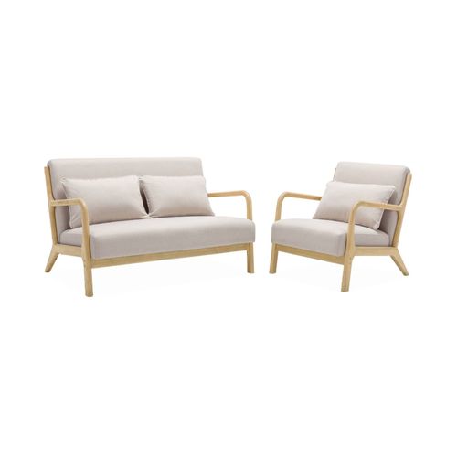 Banquette 2 Places + Fauteuil En Bois Et Tissu Beige