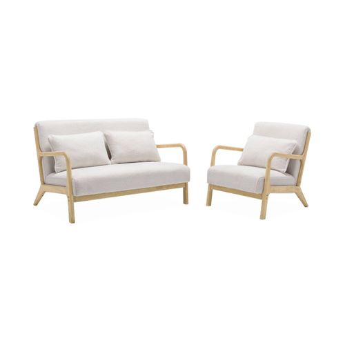 Banquette 2 Places + Fauteuil En Bois Et Tissu Bouclette