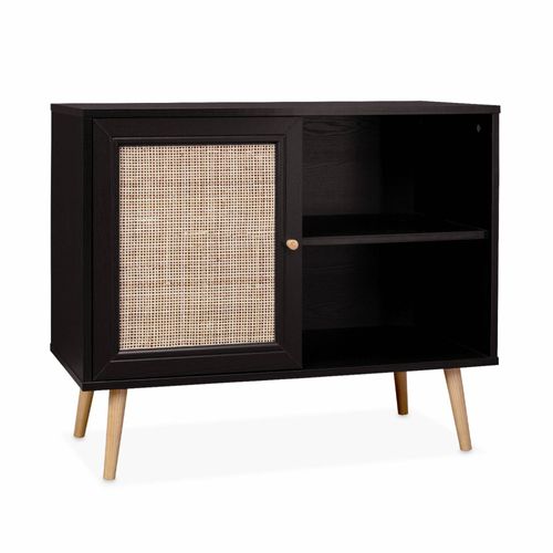 Meuble De Rangement En Cannage 80x39x65.8cm Bohème Noir 2 Niveaux 1 Porte Pieds