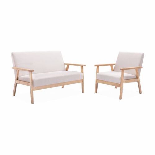 Banquette Et Fauteuil En Bois Et Tissu Crème. Isak. L 114 X L 69.5 X H 73cm