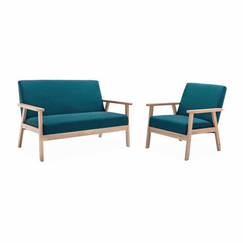 Banquette Et Fauteuil Scandinave En Bois Et Tissu Bleu Pétrole L 114 X L 69.5 X H 73cm